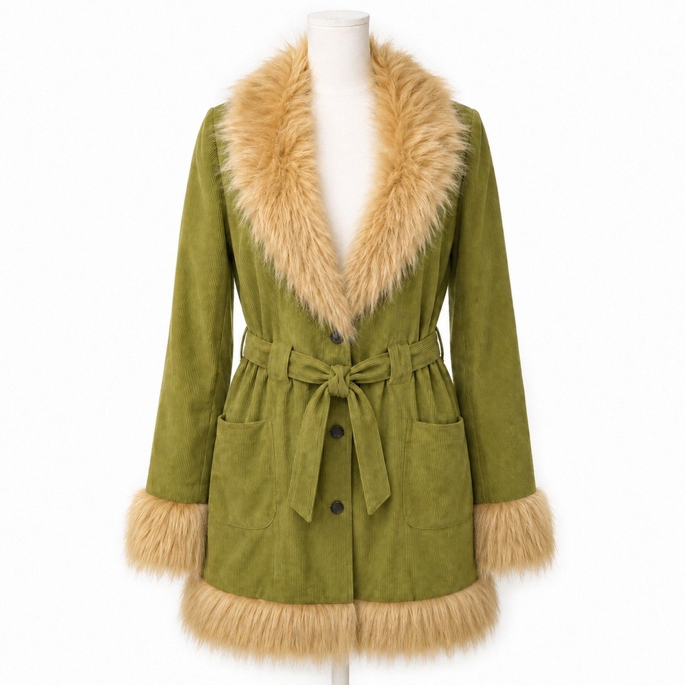Vintage Y2K dELiA*s Penny Lane Faux Fur Trim Coat XL Corduroy Baby Girl Hippie